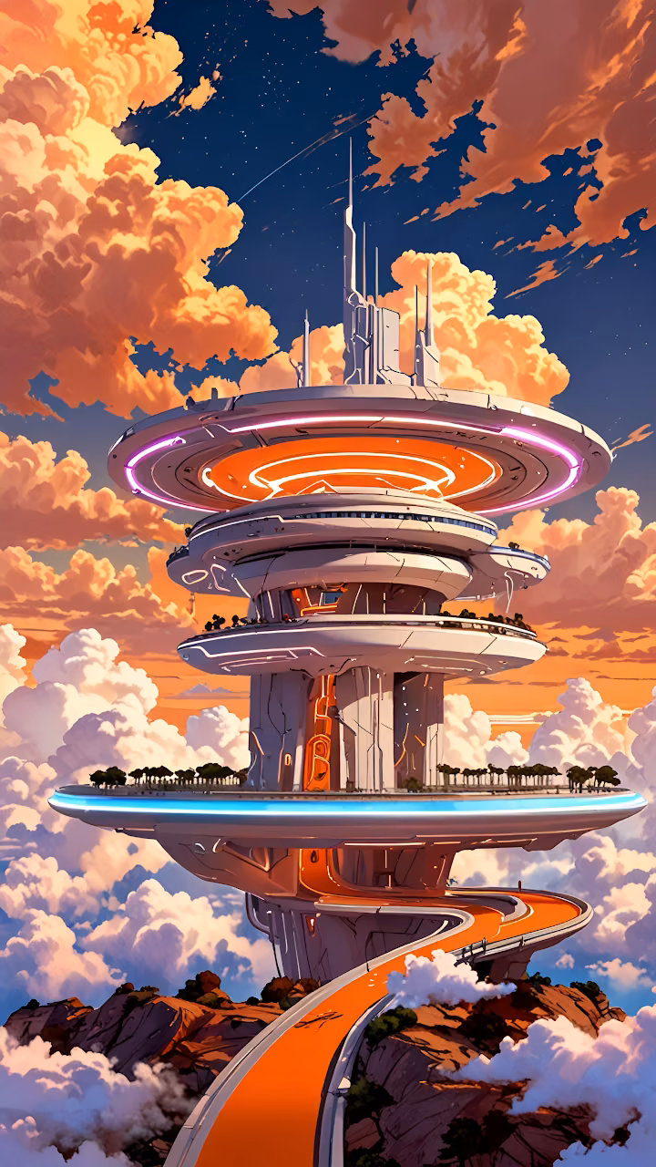 Futuristic Cloud City Tower with Orange Sky Road Anime Style - Free Mobile AMOLED Wallpaper Background