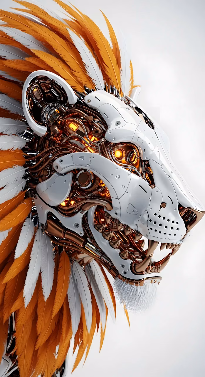Download Futuristic Cybernetic Lion Head with Orange Feather Mane Art Wallpaper in Mobile HD Futuristic Cybernetic Lion Head with Orange Feather Mane Art - Free Mobile AMOLED Wallpaper Background