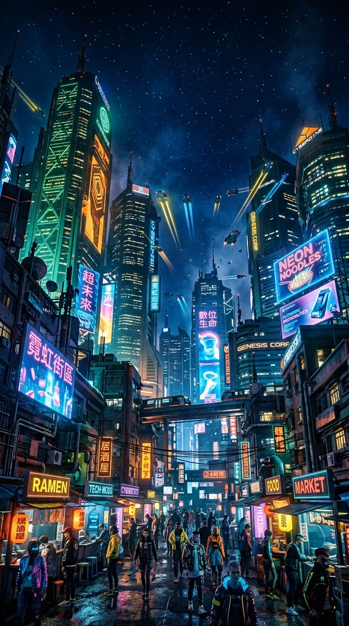 Futuristic Cyberpunk City with Neon Skyscrapers and Flying Cars - Free Mobile AMOLED Wallpaper Background