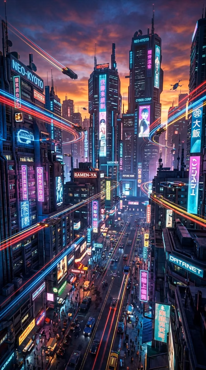 Download Futuristic Cyberpunk Cityscape at Dusk with Neon Lights Wallpaper in Mobile HD Futuristic Cyberpunk Cityscape at Dusk with Neon Lights - Free Mobile AMOLED Wallpaper Background