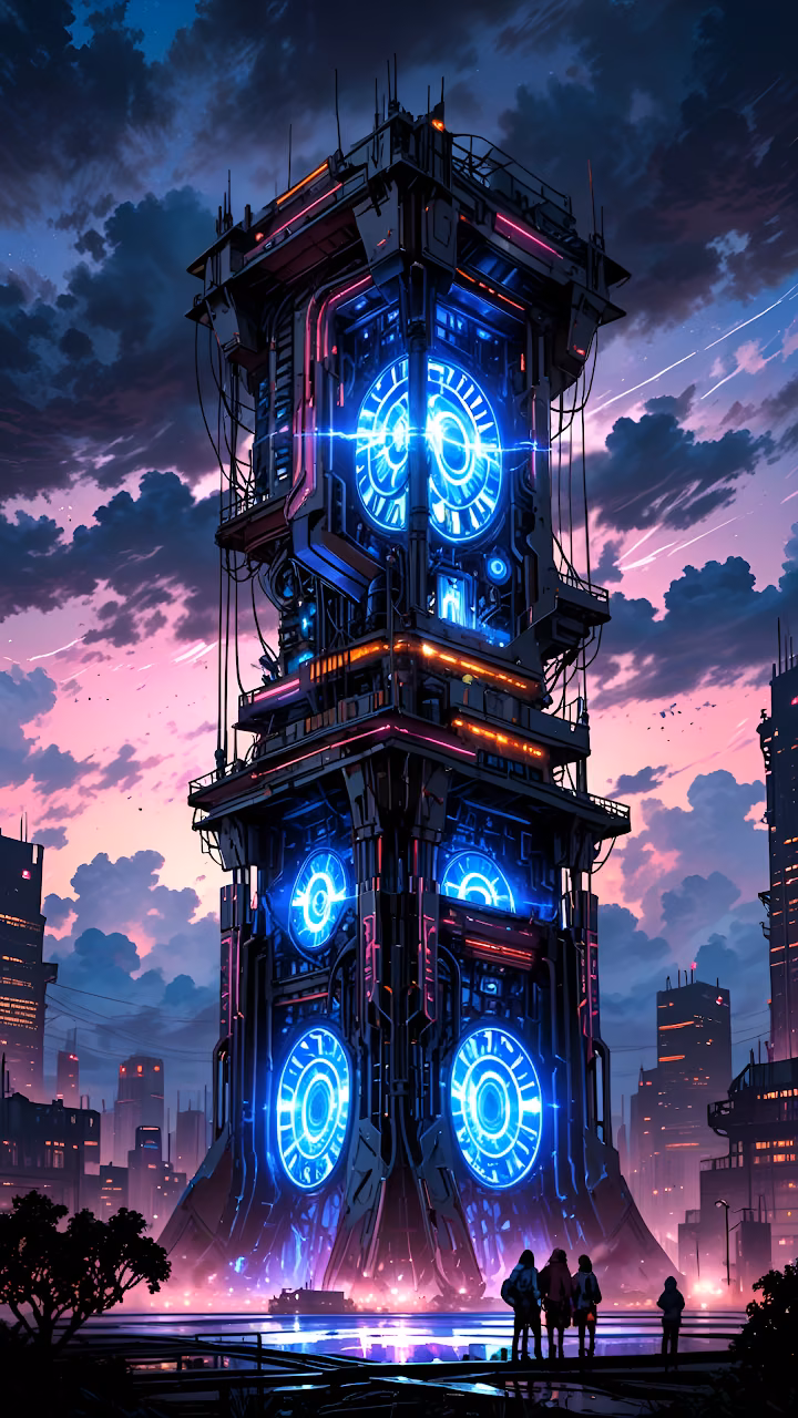 Download Futuristic Cyberpunk Clock Tower City Neon Lights Structure Wallpaper in Mobile HD Futuristic Cyberpunk Clock Tower City Neon Lights Structure - Free Mobile AMOLED Wallpaper Background