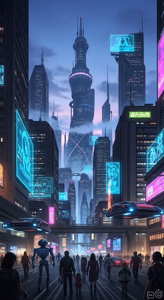 Futuristic Cyberpunk Metropolis Street at Twilight - Free Mobile AMOLED Wallpaper Background