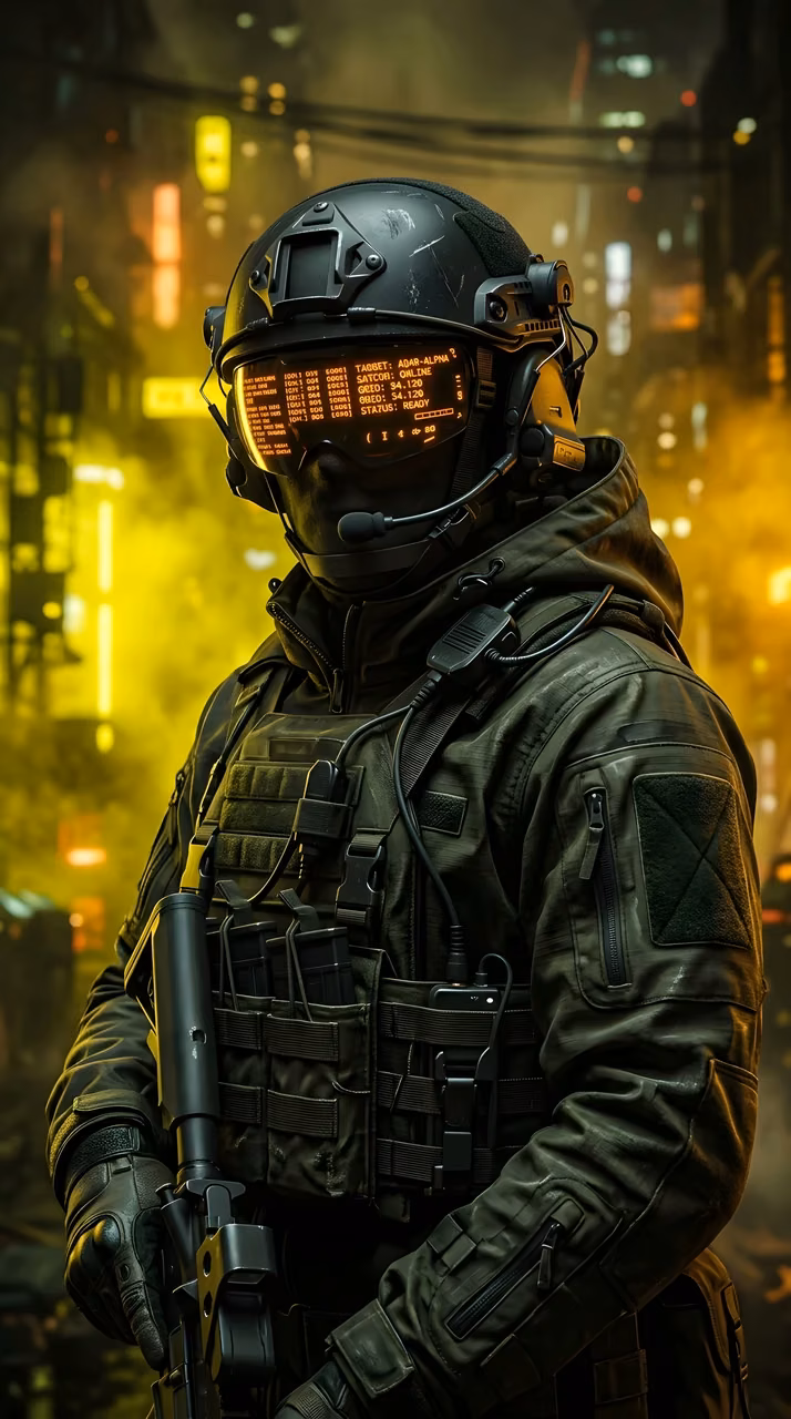 Download Futuristic Cyberpunk Soldier in Neon City Wallpaper in Mobile HD Futuristic Cyberpunk Soldier in Neon City - Free Mobile AMOLED Wallpaper Background