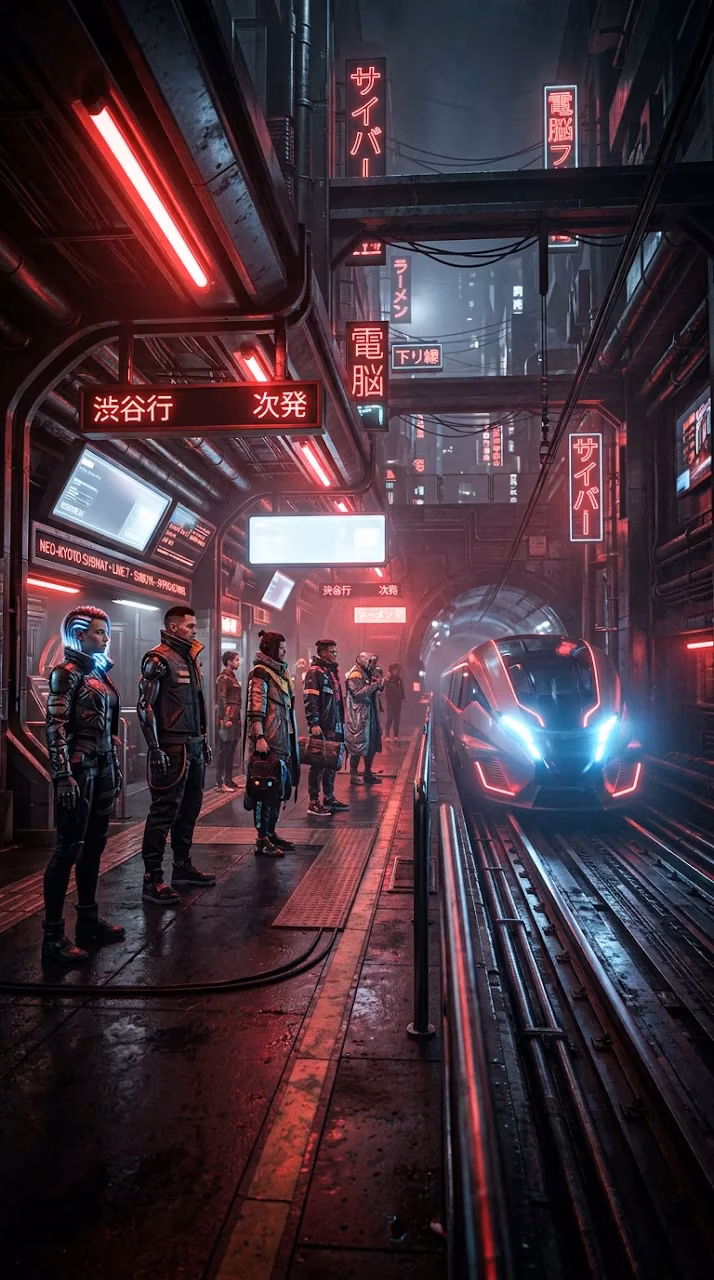 Download Futuristic Cyberpunk Subway Station with Commuters Wallpaper in Mobile HD Futuristic Cyberpunk Subway Station with Commuters - Free Mobile AMOLED Wallpaper Background