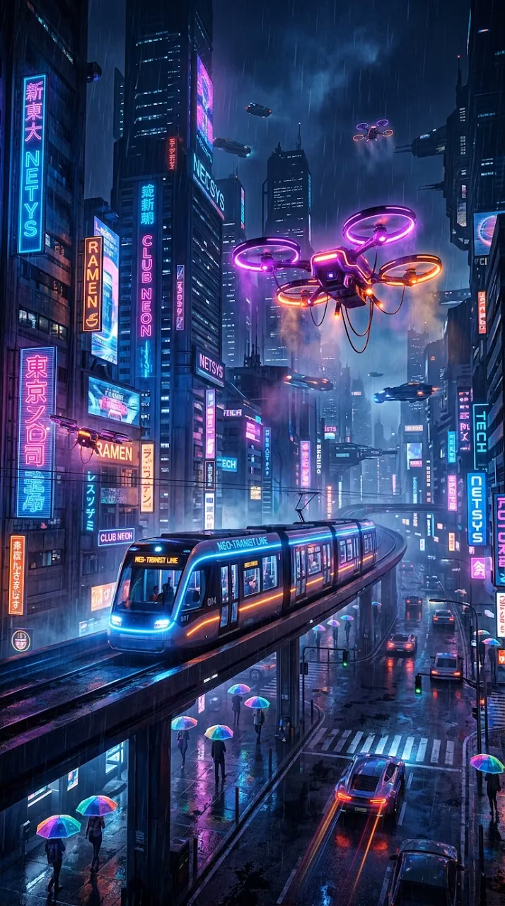 Download Futuristic Cyberpunk Urban Cityscape with Drones and Tram Wallpaper in Mobile HD Futuristic Cyberpunk Urban Cityscape with Drones and Tram - Free Mobile AMOLED Wallpaper Background