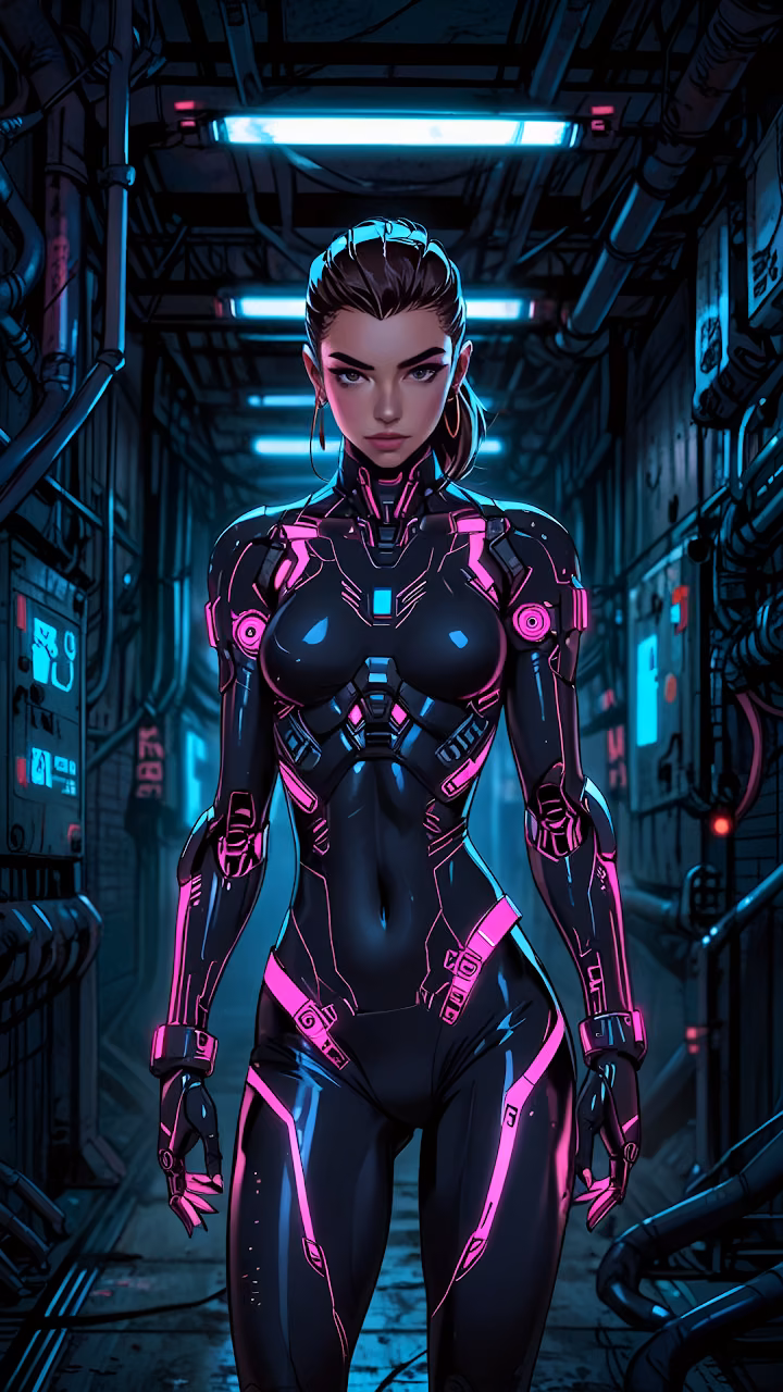 Futuristic Cyberpunk Warrior Woman Neon Pink Armor Suit - Free Mobile AMOLED Wallpaper Background