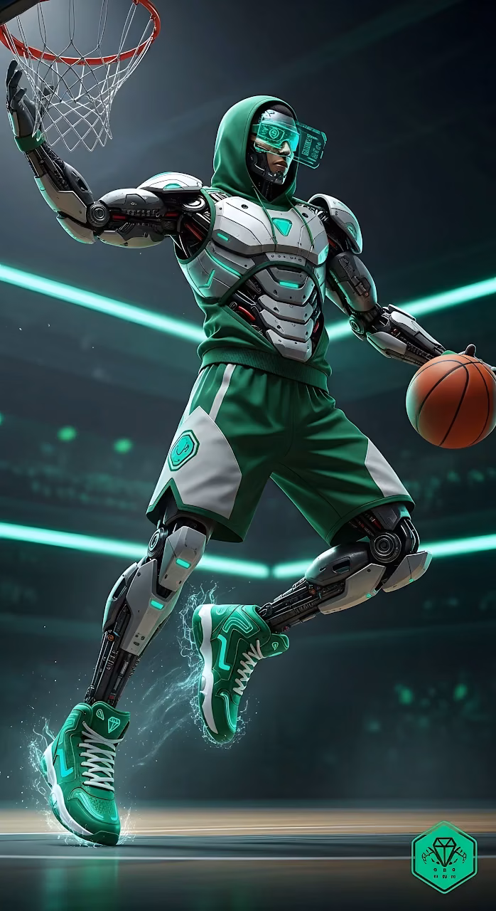 Download Futuristic Cyborg Athlete Performing a Neon Green Dunk Wallpaper in Mobile HD Futuristic Cyborg Athlete Performing a Neon Green Dunk - Free Mobile AMOLED Wallpaper Background