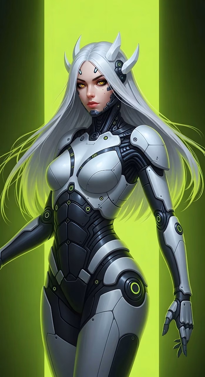Futuristic Cyborg Woman in White and Black Mech Suit - Free Mobile AMOLED Wallpaper Background
