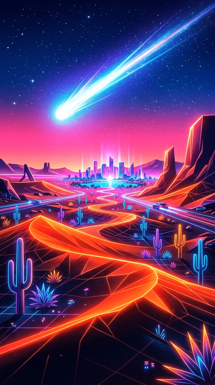 Download Futuristic Desert Landscape with Neon Cacti and Streaking Comet Wallpaper in Mobile HD Futuristic Desert Landscape with Neon Cacti and Streaking Comet - Free Mobile AMOLED Wallpaper Background