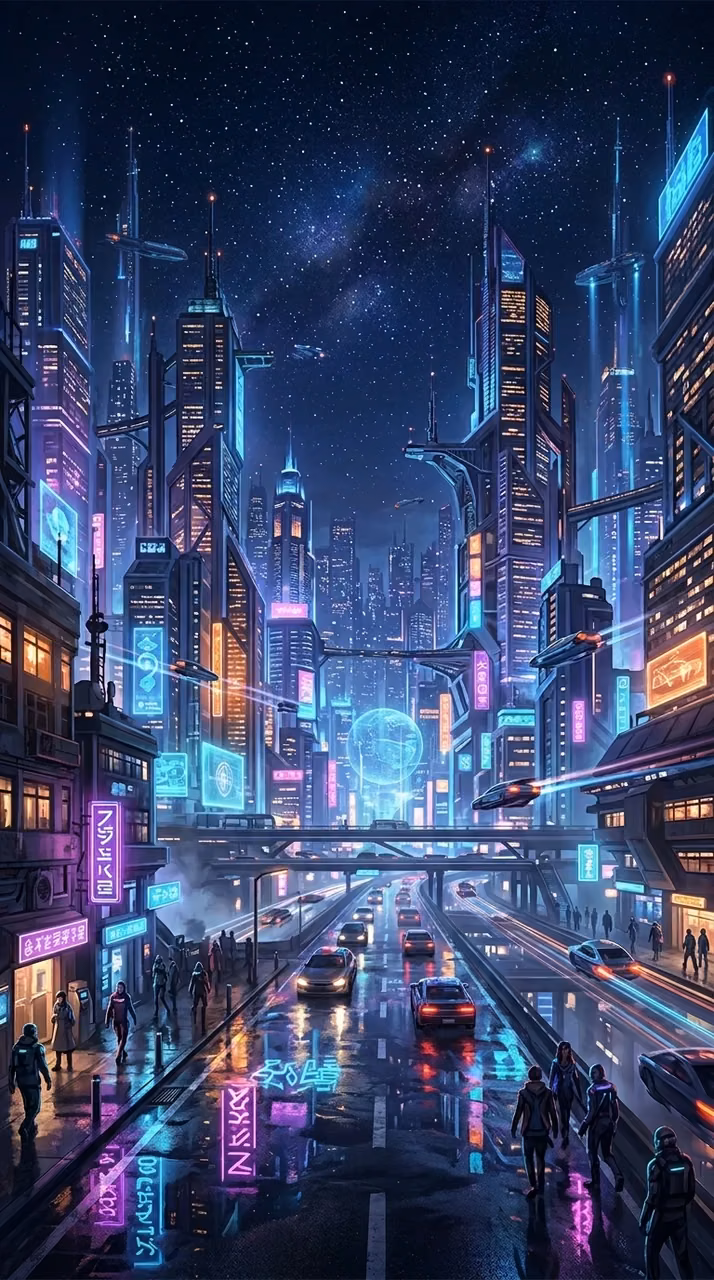 Download Futuristic Digital Cityscape at Night with Glowing Skyscrapers and Stars Wallpaper in Mobile HD Futuristic Digital Cityscape at Night with Glowing Skyscrapers and Stars - Free Mobile AMOLED Wallpaper Background