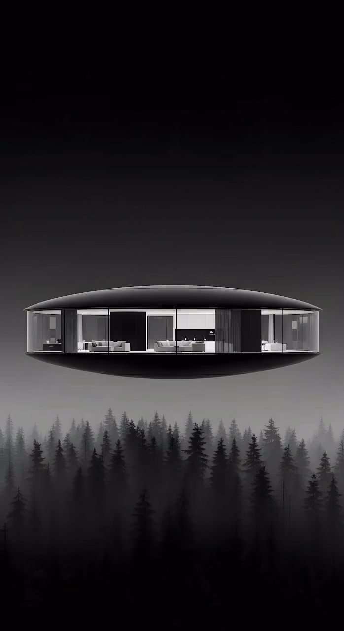 Futuristic Disc House Floating Above Misty Pine Forest - Free Mobile AMOLED Wallpaper Background