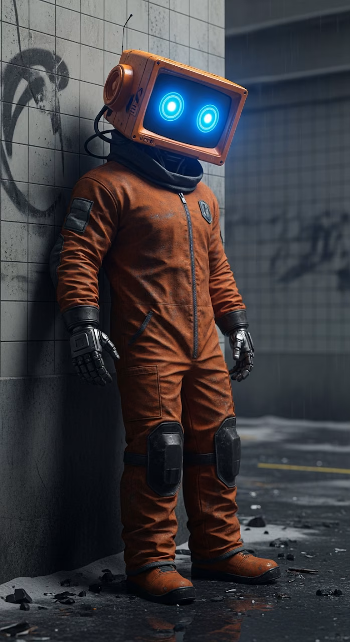 Download Futuristic Dystopian Robot Character in Dirty Orange Jumpsuit Leaning in Grungy Alley Wallpaper in Mobile HD Futuristic Dystopian Robot Character in Dirty Orange Jumpsuit Leaning in Grungy Alley - Free Mobile AMOLED Wallpaper Background