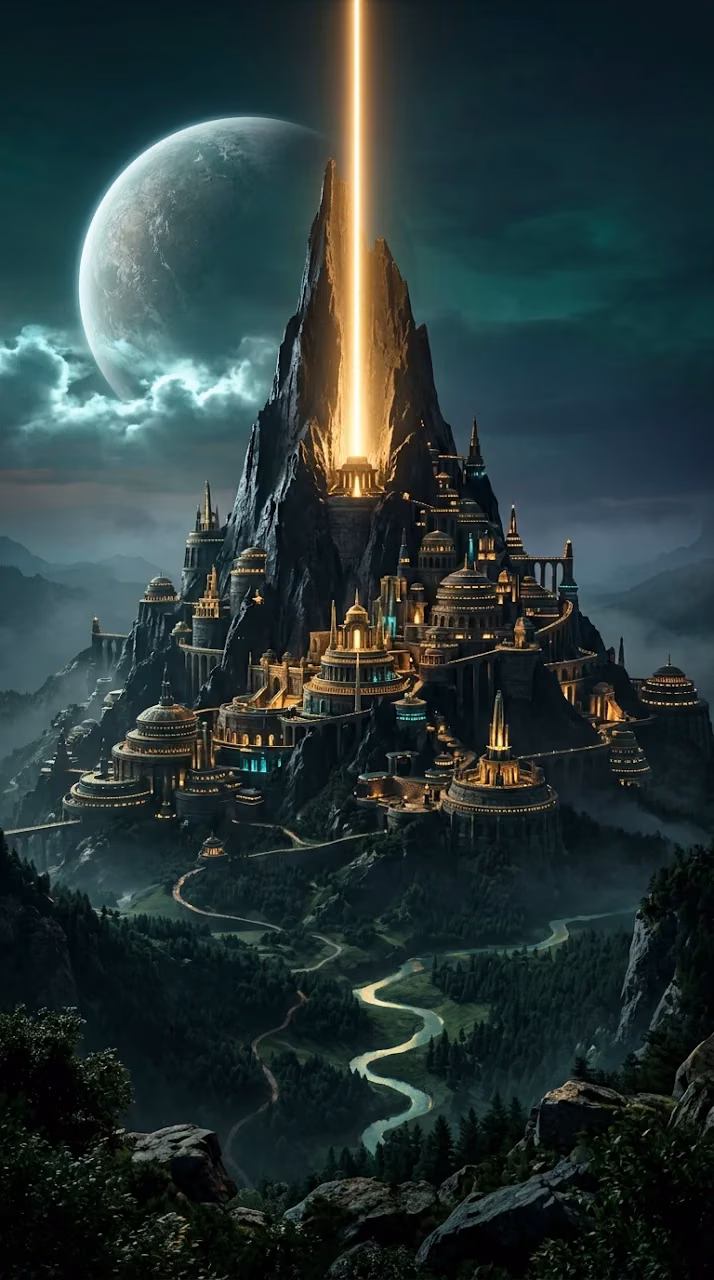 Futuristic Eco City Mountain Temple Vertical Digital Art - Free Mobile AMOLED Wallpaper Background