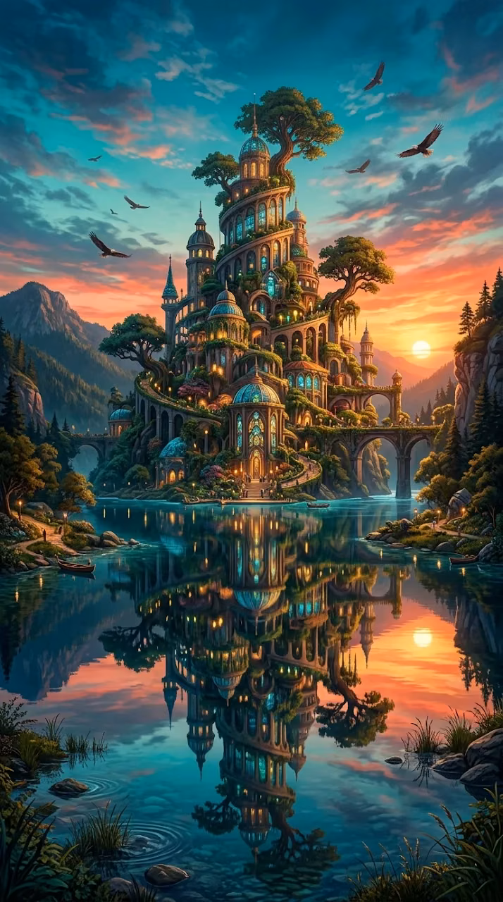 Futuristic Eco-City Tower with Sunset Reflection on Calm Lake - Free Mobile AMOLED Wallpaper Background