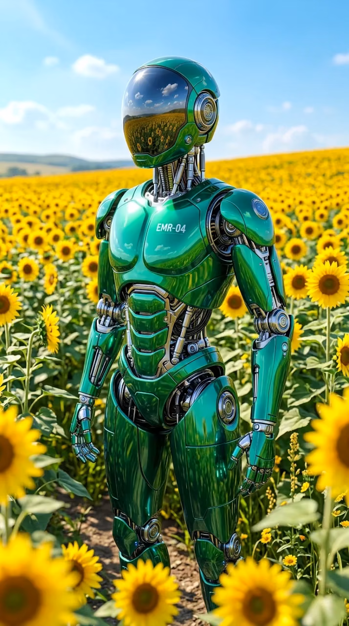 Futuristic Emerald Robot with Sunflowers and Morning Sky - Free Mobile AMOLED Wallpaper Background