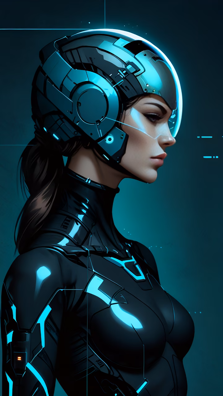 Download Futuristic Female Pilot in Sleek Cyan Cybernetic Suit Wallpaper in Mobile HD Futuristic Female Pilot in Sleek Cyan Cybernetic Suit - Free Mobile AMOLED Wallpaper Background