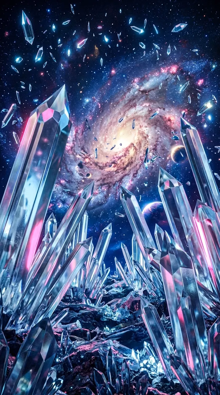 Download Futuristic Field of Colossal Transparent Crystals in a Cosmic Galaxy Wallpaper in Mobile HD Futuristic Field of Colossal Transparent Crystals in a Cosmic Galaxy - Free Mobile AMOLED Wallpaper Background