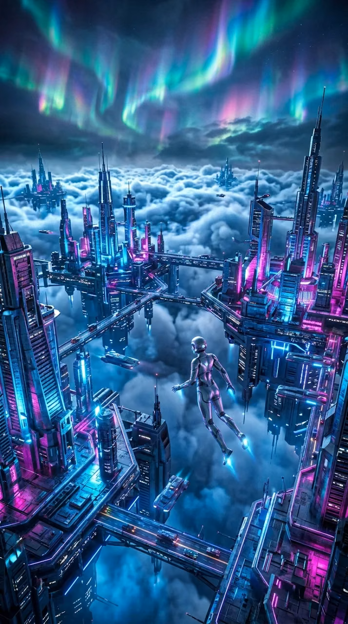 Download Futuristic Floating City with Neon Lights and Swirling Auroras Wallpaper in Mobile HD Futuristic Floating City with Neon Lights and Swirling Auroras - Free Mobile AMOLED Wallpaper Background
