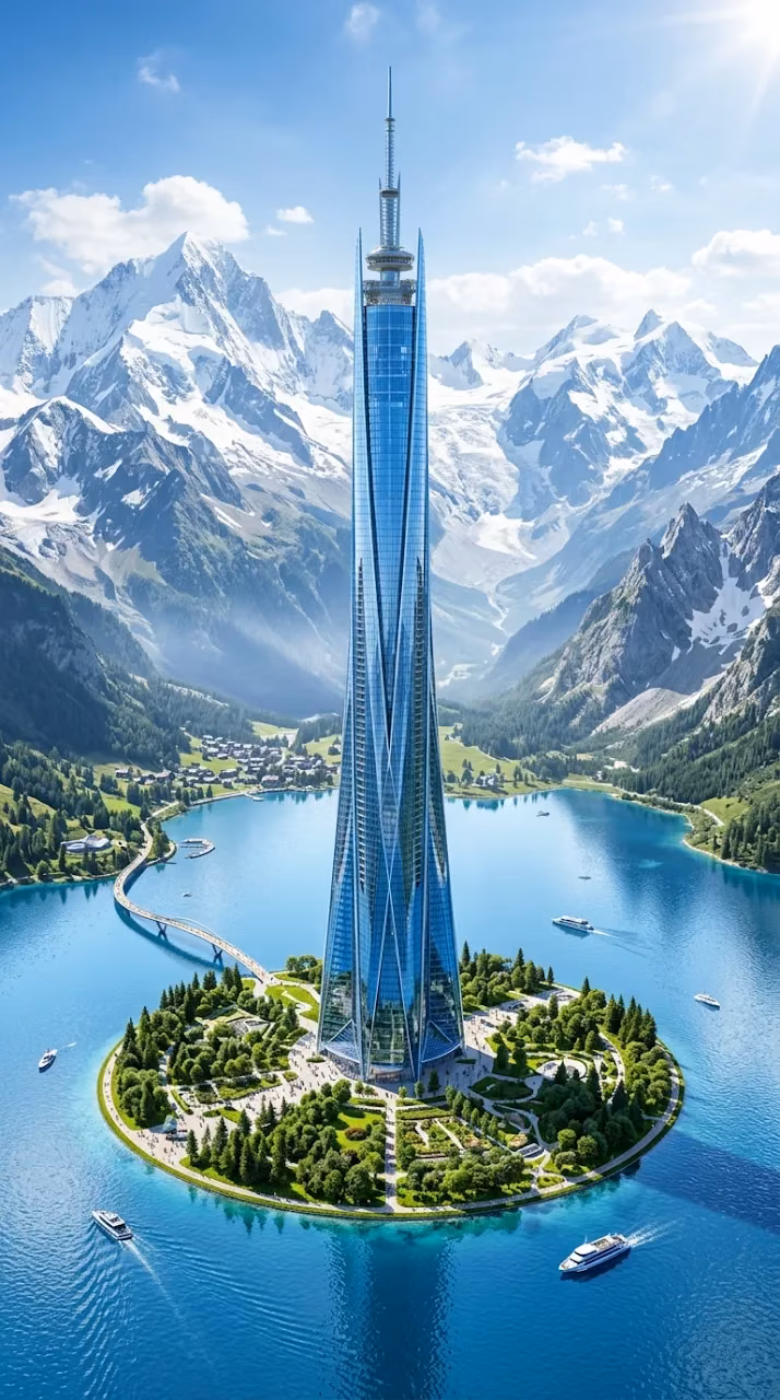 Futuristic Glass Skyscraper on Island in Pristine Mountain Lake - Free Mobile AMOLED Wallpaper Background