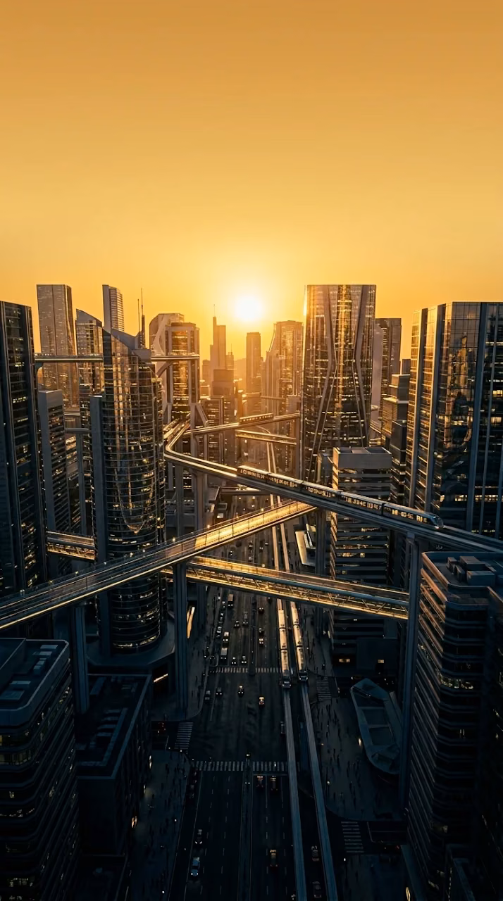 Futuristic Golden Hour City Skyscrapers Elevate Monorail Wallpaper - Free Mobile AMOLED Wallpaper Background