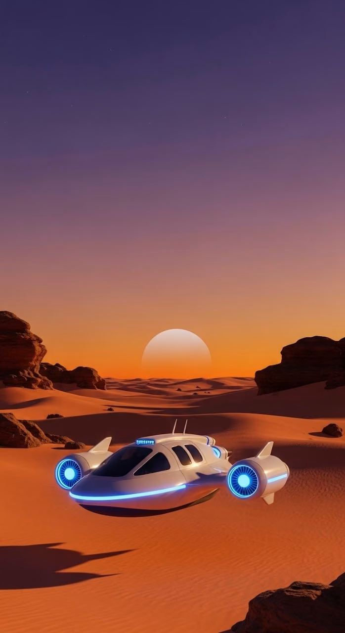 Futuristic Hovercraft in a Desert Sunset - Free Mobile AMOLED Wallpaper Background