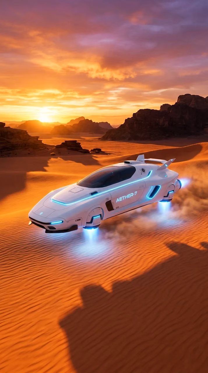 Futuristic Hovercraft Gliding Over Desert Dunes at Sunset - Free Mobile AMOLED Wallpaper Background