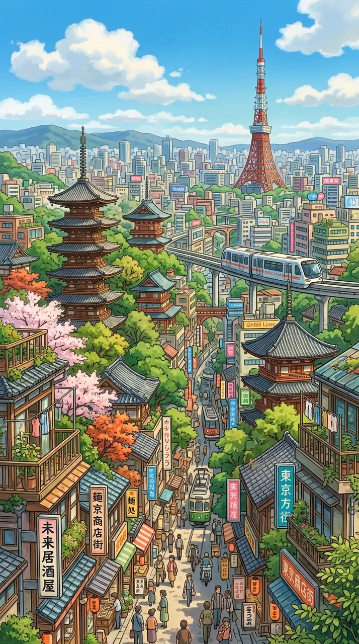 Download Futuristic Japanese Cityscape with Traditional Pagoda and Nature Wallpaper in Mobile HD Futuristic Japanese Cityscape with Traditional Pagoda and Nature - Free Mobile AMOLED Wallpaper Background