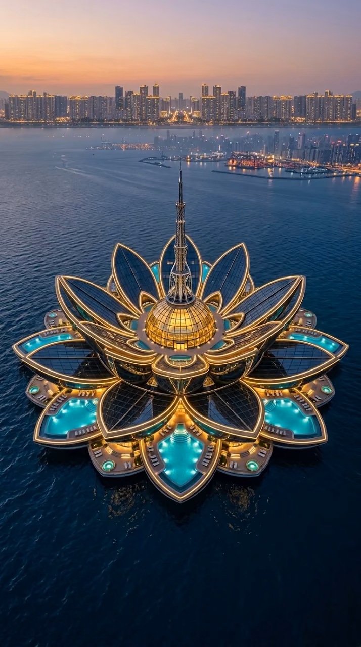 Futuristic Lotus Flower Shaped Architecture Complex Aerial View - Free Mobile AMOLED Wallpaper Background