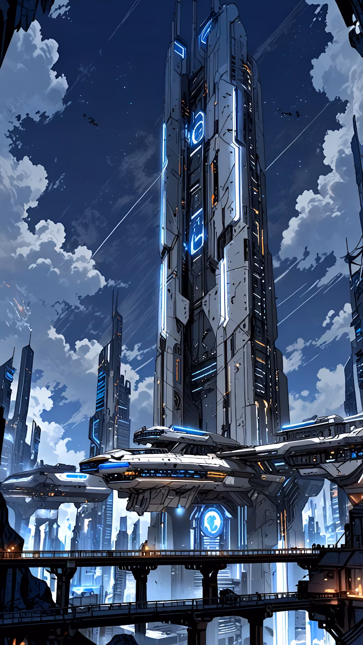Futuristic Megastructure Skyscraper with Neon Blue Accents - Free Mobile AMOLED Wallpaper Background