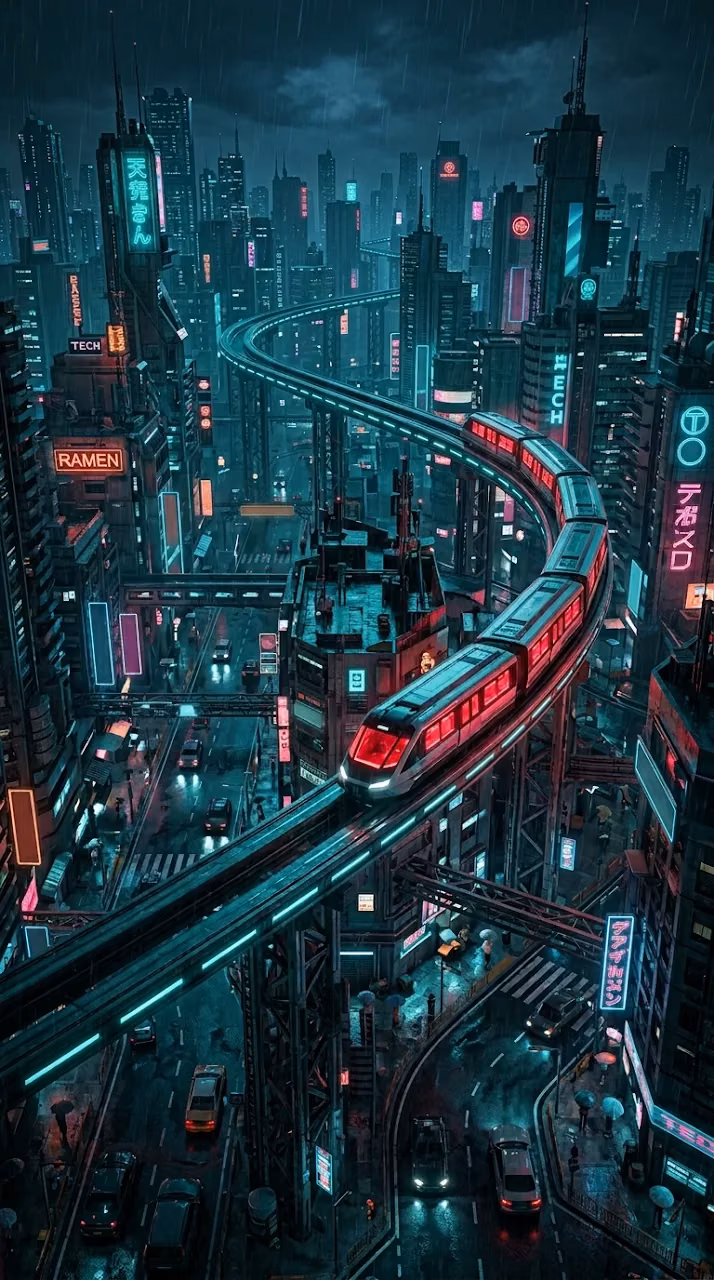 Download Futuristic Monorail Train Snaking Through Cyberpunk City Wallpaper in Mobile HD Futuristic Monorail Train Snaking Through Cyberpunk City - Free Mobile AMOLED Wallpaper Background
