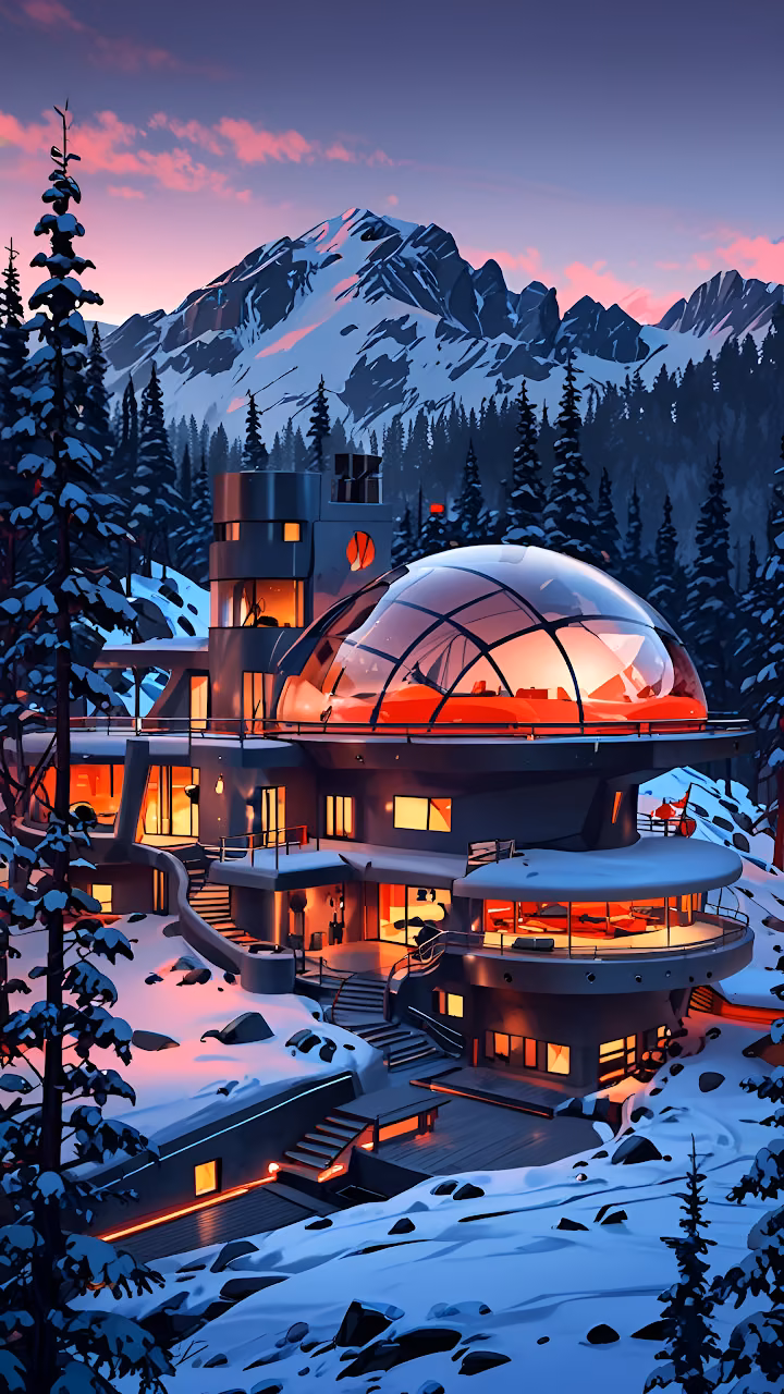Download Futuristic Mountain Lodge at Twilight with Glowing Dome Wallpaper in Mobile HD Futuristic Mountain Lodge at Twilight with Glowing Dome - Free Mobile AMOLED Wallpaper Background