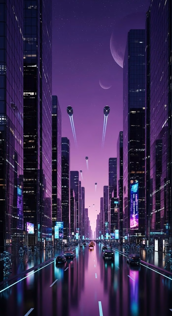 Download Futuristic Neon City with Flying Cars and Planets Wallpaper in Mobile HD Futuristic Neon City with Flying Cars and Planets - Free Mobile AMOLED Wallpaper Background