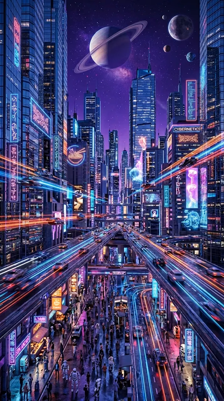 Download Futuristic Neon Cityscape with Glass Towers and Distant Planets Wallpaper in Mobile HD Futuristic Neon Cityscape with Glass Towers and Distant Planets - Free Mobile AMOLED Wallpaper Background