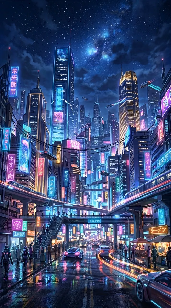 Download Futuristic Neon Night Cityscape with Starry Sky and Wet Pavement Reflections Wallpaper in Mobile HD Futuristic Neon Night Cityscape with Starry Sky and Wet Pavement Reflections - Free Mobile AMOLED Wallpaper Background