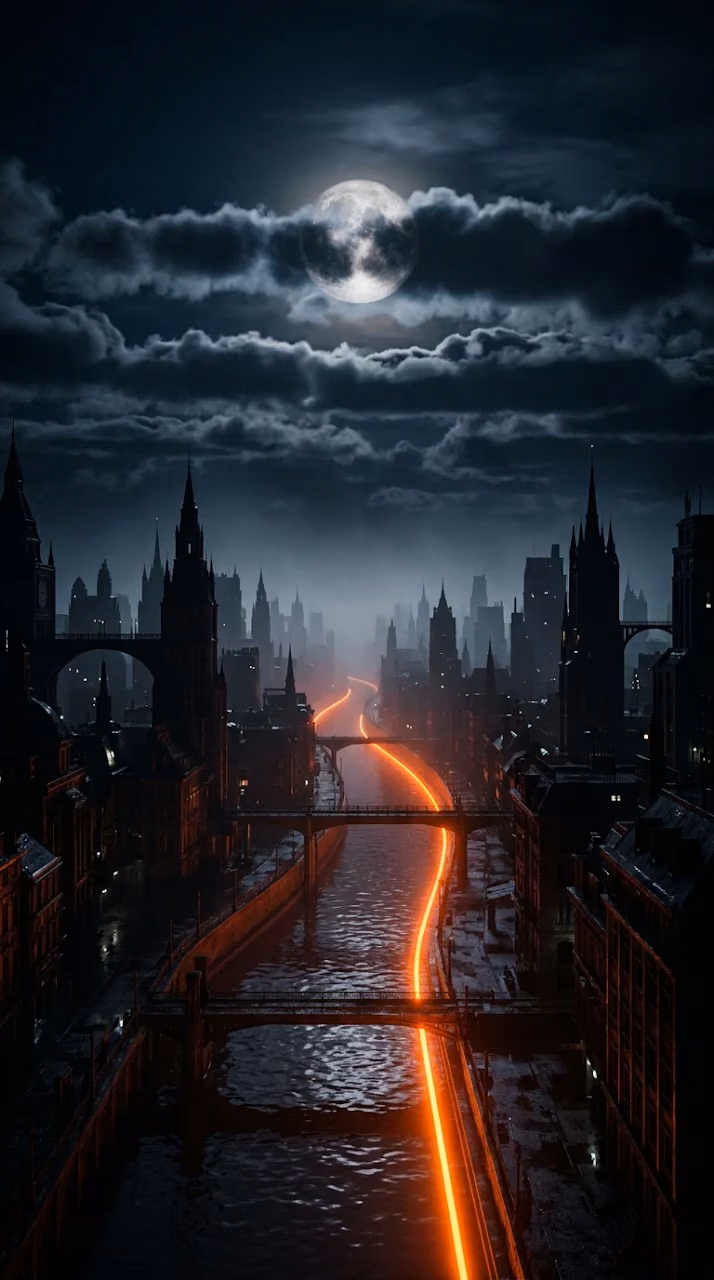 Download Futuristic Night Cityscape with Glowing Orange River Wallpaper in Mobile HD Futuristic Night Cityscape with Glowing Orange River - Free Mobile AMOLED Wallpaper Background