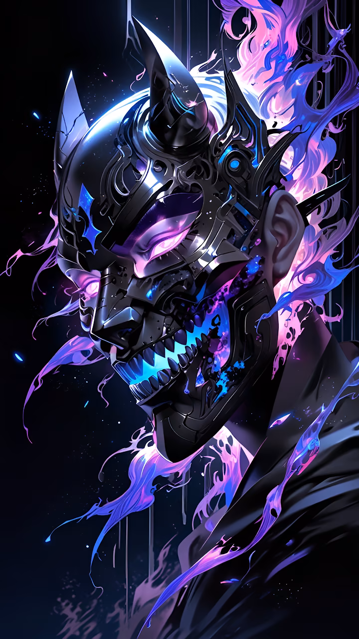 Download Futuristic Oni Mask Neon Flames Dark Cyberpunk Aesthetic Wallpaper in Mobile HD Futuristic Oni Mask Neon Flames Dark Cyberpunk Aesthetic - Free Mobile AMOLED Wallpaper Background