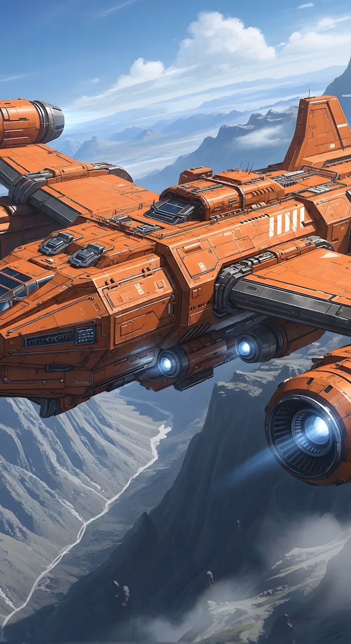 Download Futuristic Orange Cargo Ship Flying Over Rugged Alien Canyon Wallpaper in Mobile HD Futuristic Orange Cargo Ship Flying Over Rugged Alien Canyon - Free Mobile AMOLED Wallpaper Background