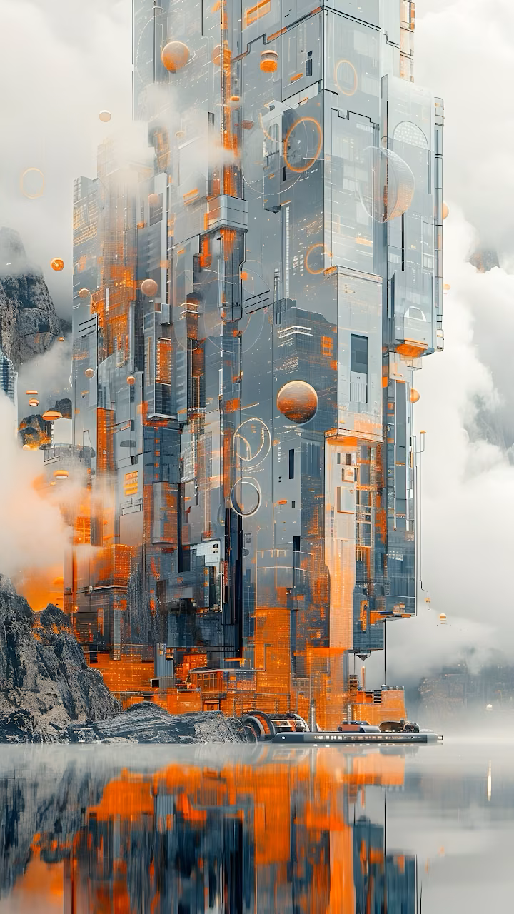 Futuristic Orange Data Stream Skyscraper Reflection Art - Free Mobile AMOLED Wallpaper Background