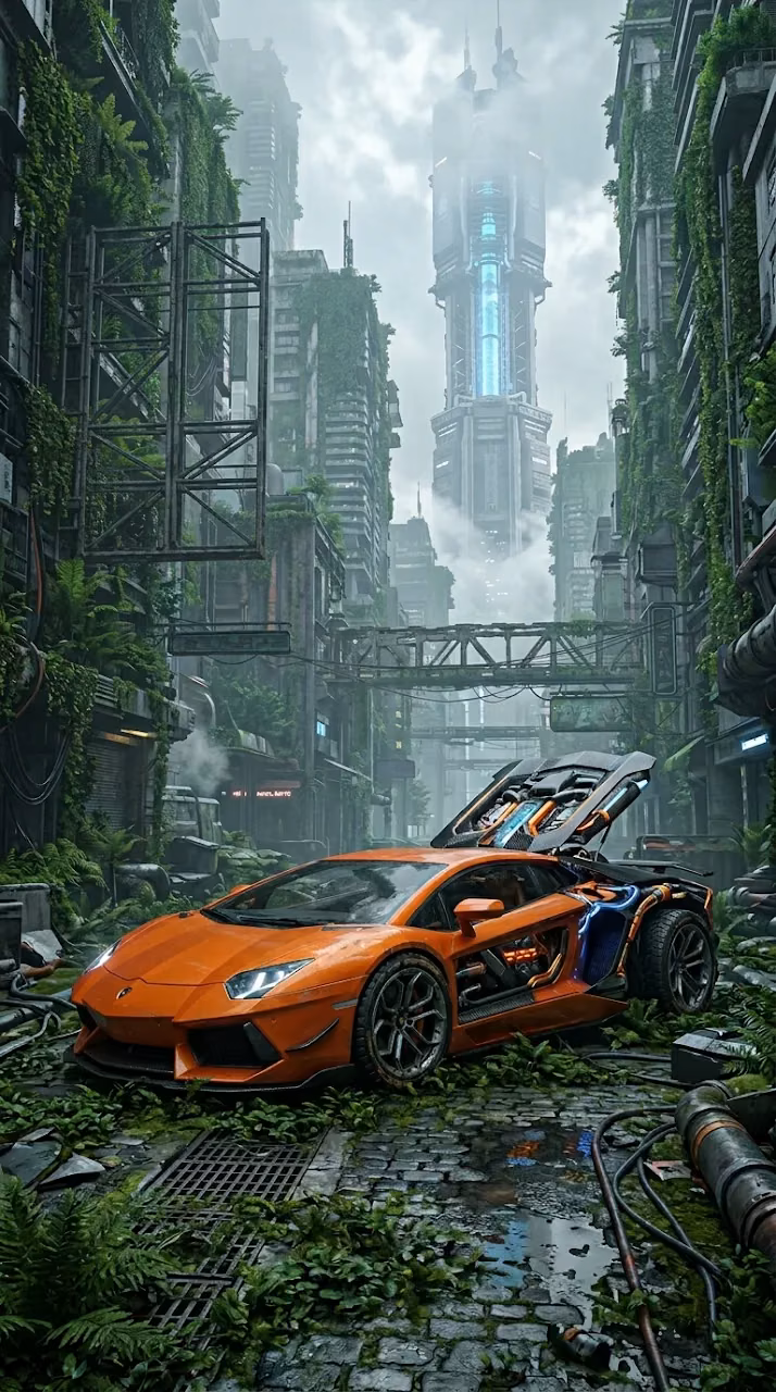 Futuristic Orange Supercar in an Overgrown Cyberpunk Metropolis - Free Mobile AMOLED Wallpaper Background