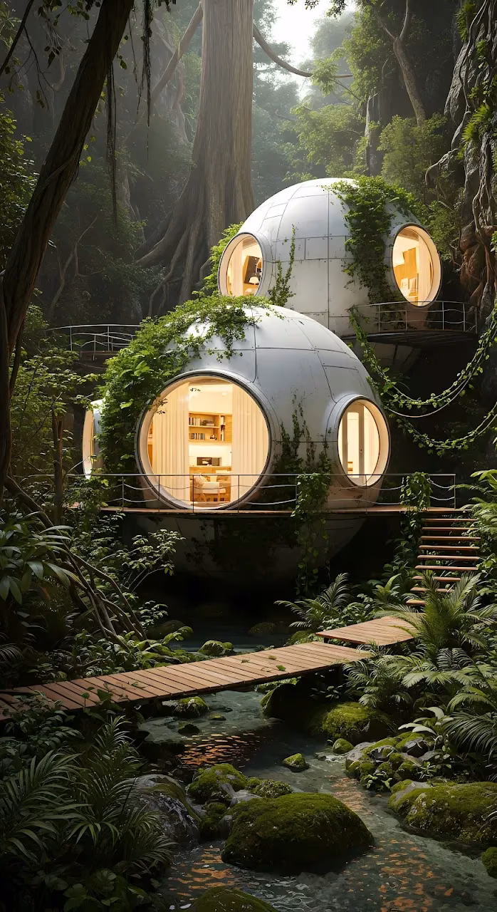 Download Futuristic Pod Architecture in Lush Tropical Rainforest Wallpaper in Mobile HD Futuristic Pod Architecture in Lush Tropical Rainforest - Free Mobile AMOLED Wallpaper Background