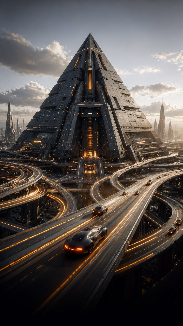 Futuristic Pyramid Skyscraper with Elevated Multi Tier Highways - Free Mobile AMOLED Wallpaper Background