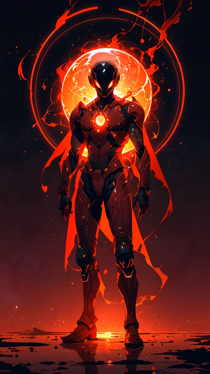 Download Futuristic Red Armored Hero Against Fiery Solar Orb Wallpaper in Mobile HD Futuristic Red Armored Hero Against Fiery Solar Orb - Free Mobile AMOLED Wallpaper Background