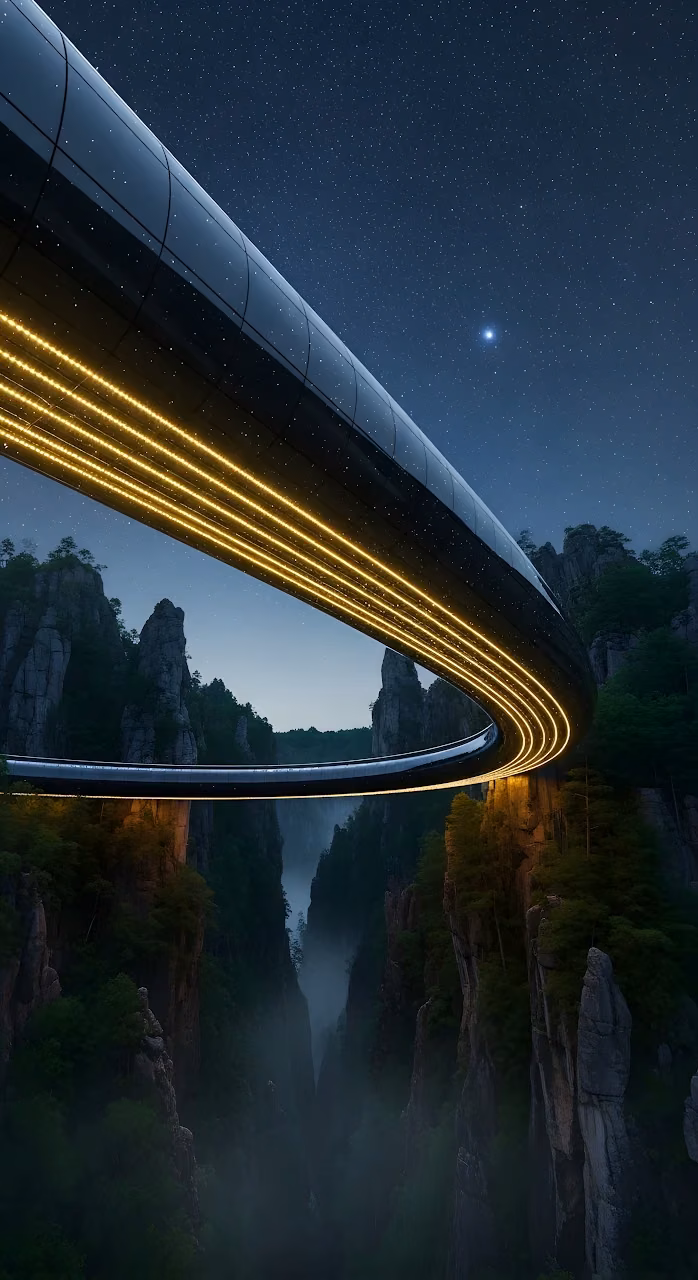 Futuristic Ring Bridge Spanning Deep Mountain Canyon Night - Free Mobile AMOLED Wallpaper Background