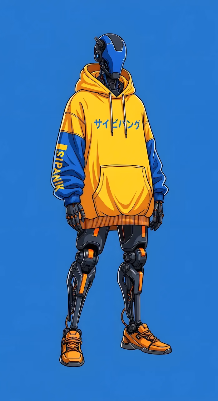 Futuristic Robot in Oversized Yellow and Blue Hoodie - Free Mobile AMOLED Wallpaper Background