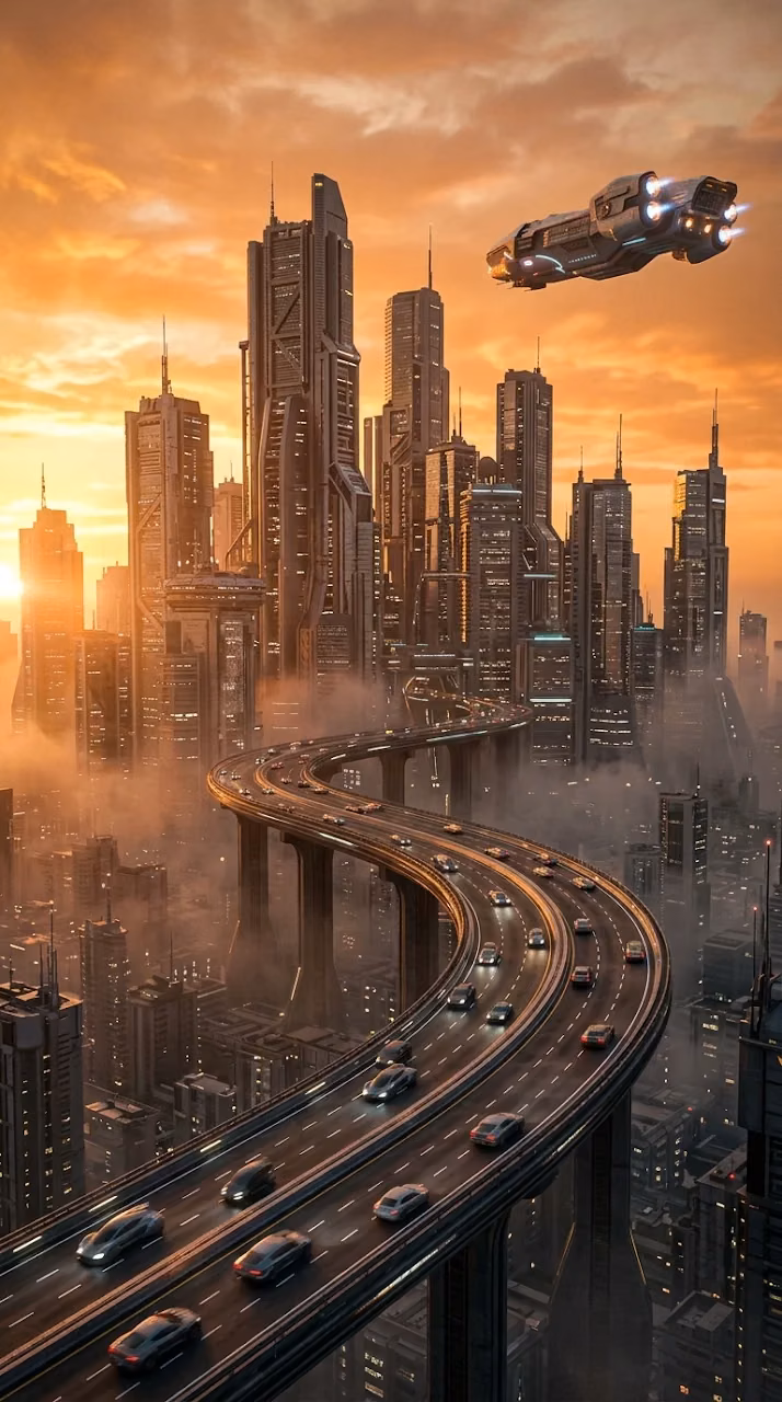 Futuristic Sci-Fi City Highway at Sunset 3D Render - Free Mobile AMOLED Wallpaper Background