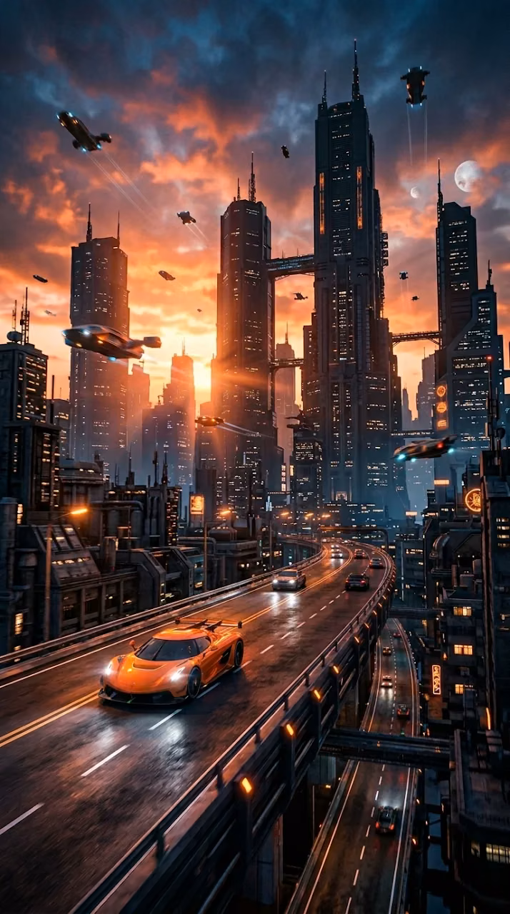 Download Futuristic Sci-Fi Cityscape with Flying Vehicles and Highway Wallpaper in Mobile HD Futuristic Sci-Fi Cityscape with Flying Vehicles and Highway - Free Mobile AMOLED Wallpaper Background