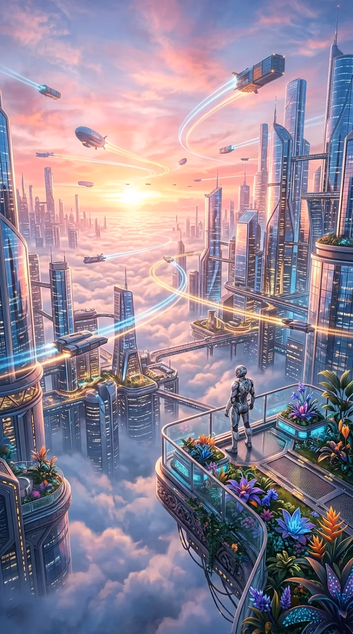 Download Futuristic Sky City at Dawn with Airships and Floating Gardens Wallpaper in Mobile HD Futuristic Sky City at Dawn with Airships and Floating Gardens - Free Mobile AMOLED Wallpaper Background