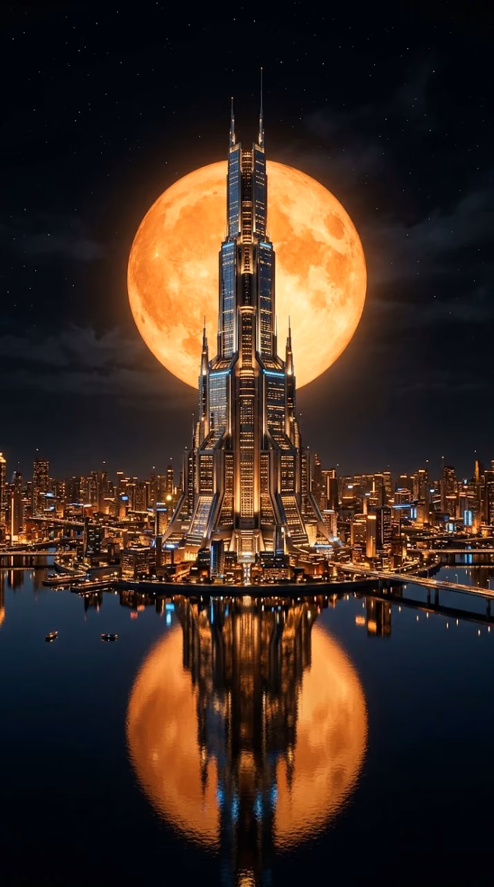Download Futuristic Skyscraper Centered Against Massive Orange Moon Wallpaper in Mobile HD Futuristic Skyscraper Centered Against Massive Orange Moon - Free Mobile AMOLED Wallpaper Background