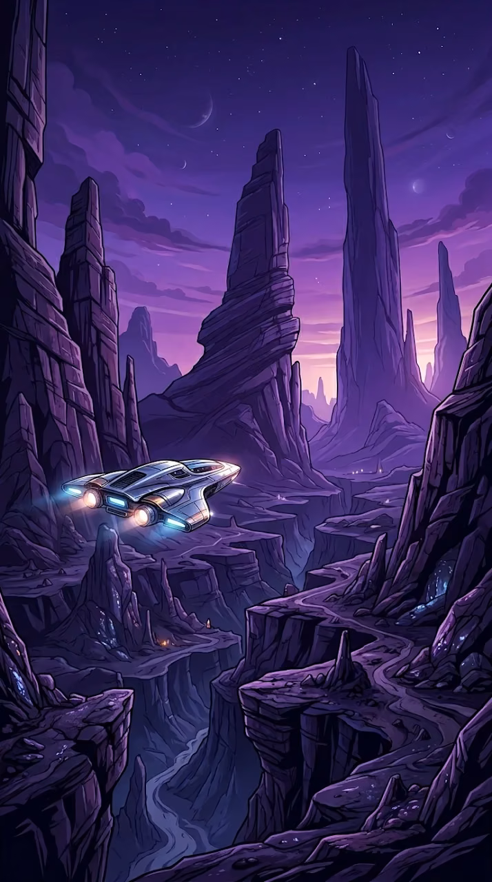 Futuristic Spacecraft Hovering in an Otherworldly Purple Canyon - Free Mobile AMOLED Wallpaper Background