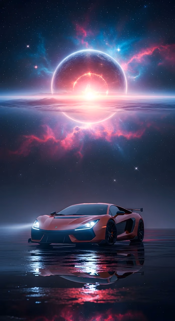Futuristic Sports Car Under a Red Nebula and Cosmic Eclipse - Free Mobile AMOLED Wallpaper Background